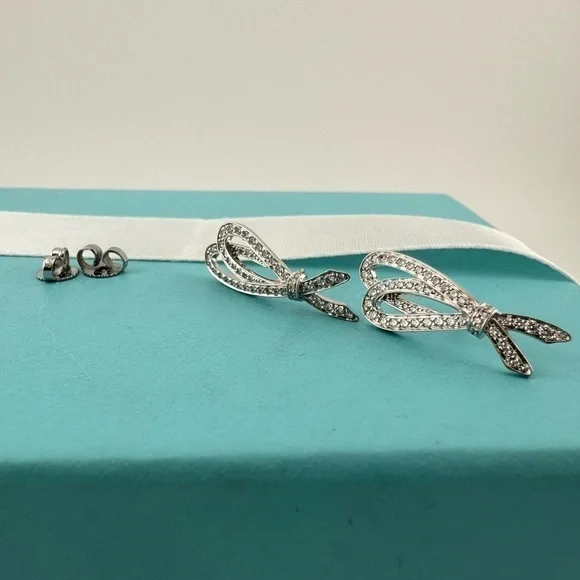RARE Tiffany & Co. Pave Diamond Bow Earrings 18K White Gold - Picture 4 of 8